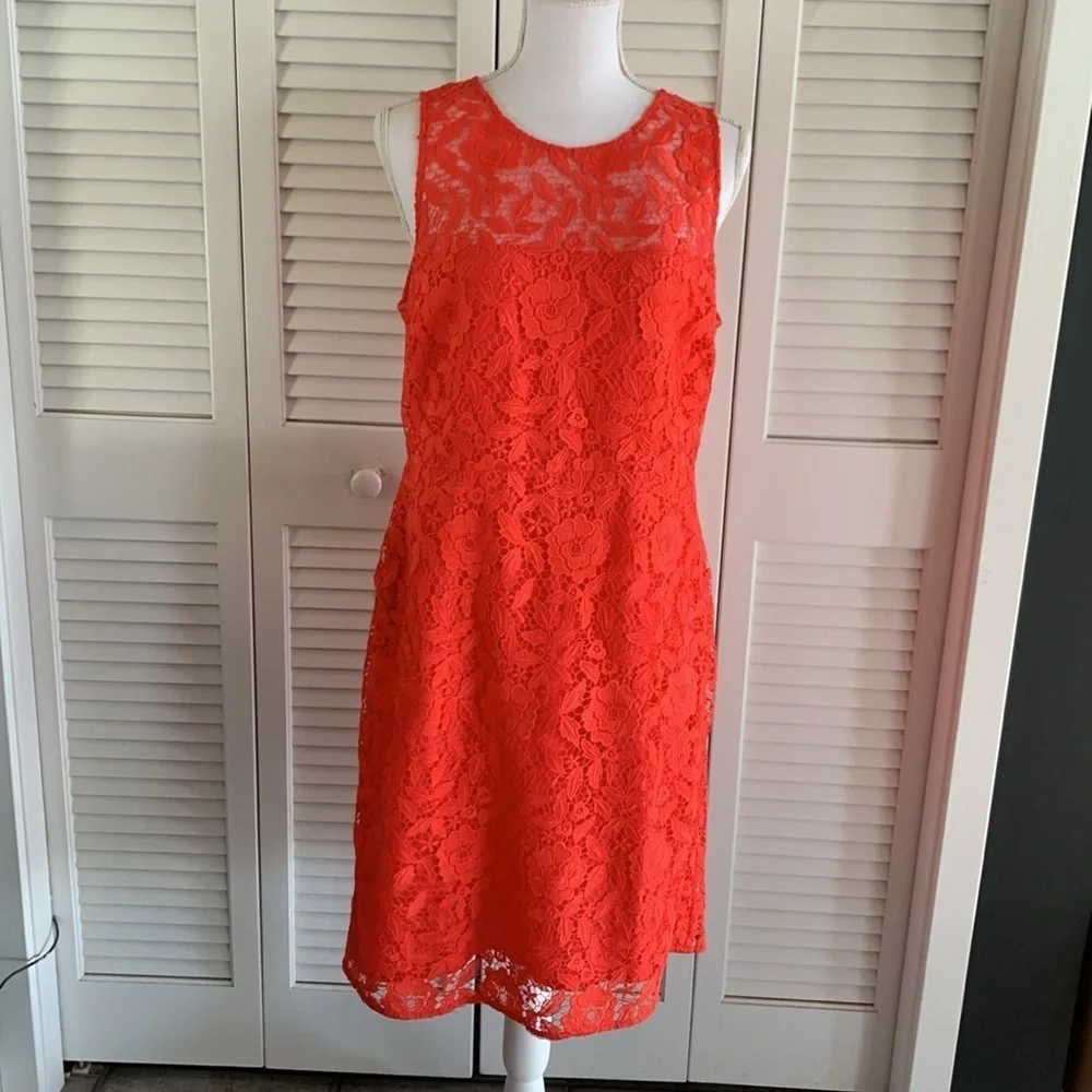 J. Crew Women’s Coral Sleeveless Sheath Midi Dress Floral Pattern Lace Size 14
